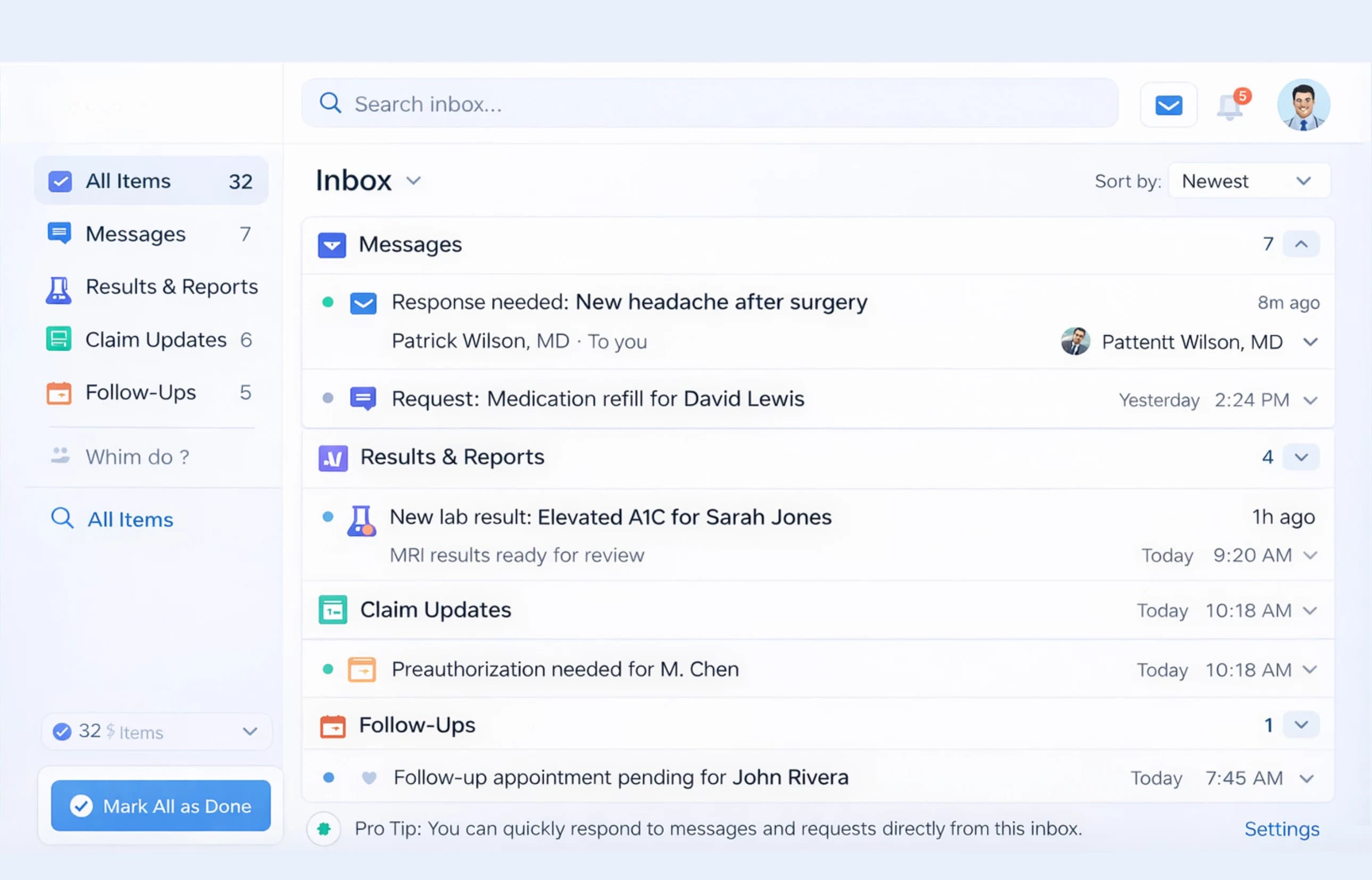 Smart Inbox triaging messages, refills, and results